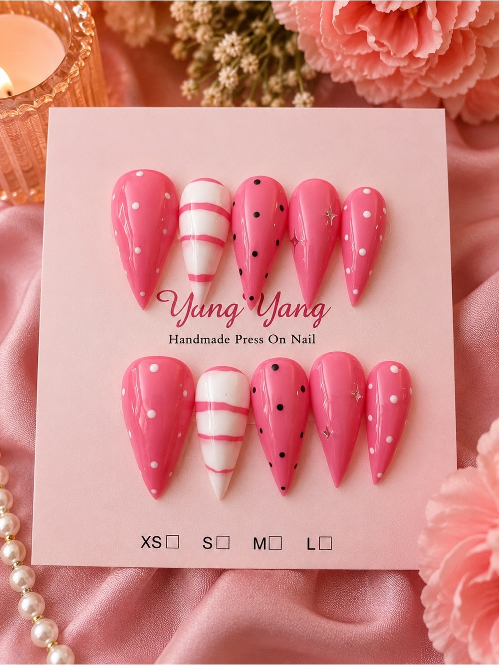 💕 Pink Polka Dot & Striped Press-On Nails – Large 💅✨